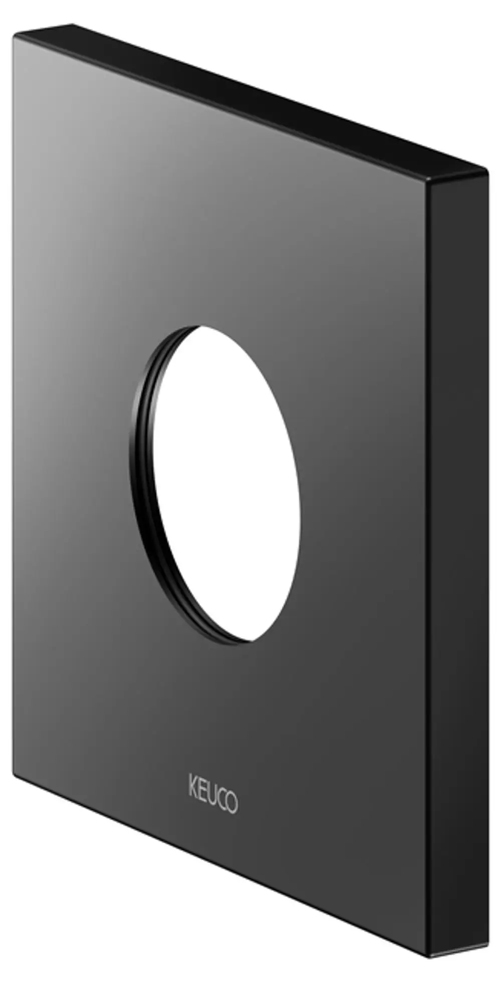 Schwarze Wandrosette von Keuco mit einem zentralen runden Ausschnitt, geeignet für die Montage eines Thermostats. Eckige Form, schlichtes Design.